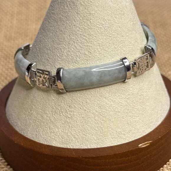 Jade Of Yesteryear Station Bracelet Green Jade Panels Sterling Silver 7.25" Cast - Picture 11 of 14
